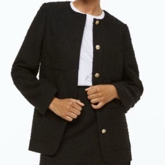 H&M Boucle Jacket Button Front Pockets Shoulder Pads Round Neck Black XSmall - Picture 1 of 8